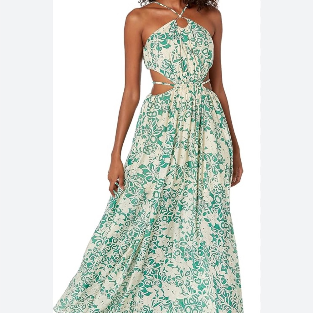 ASTR The Label Sivana Green Floral Cut Out Halter Vacation Maxi Dress Women’s L